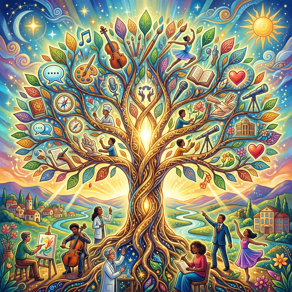 Colorful tree with branches illustrating art, music, science, and learning