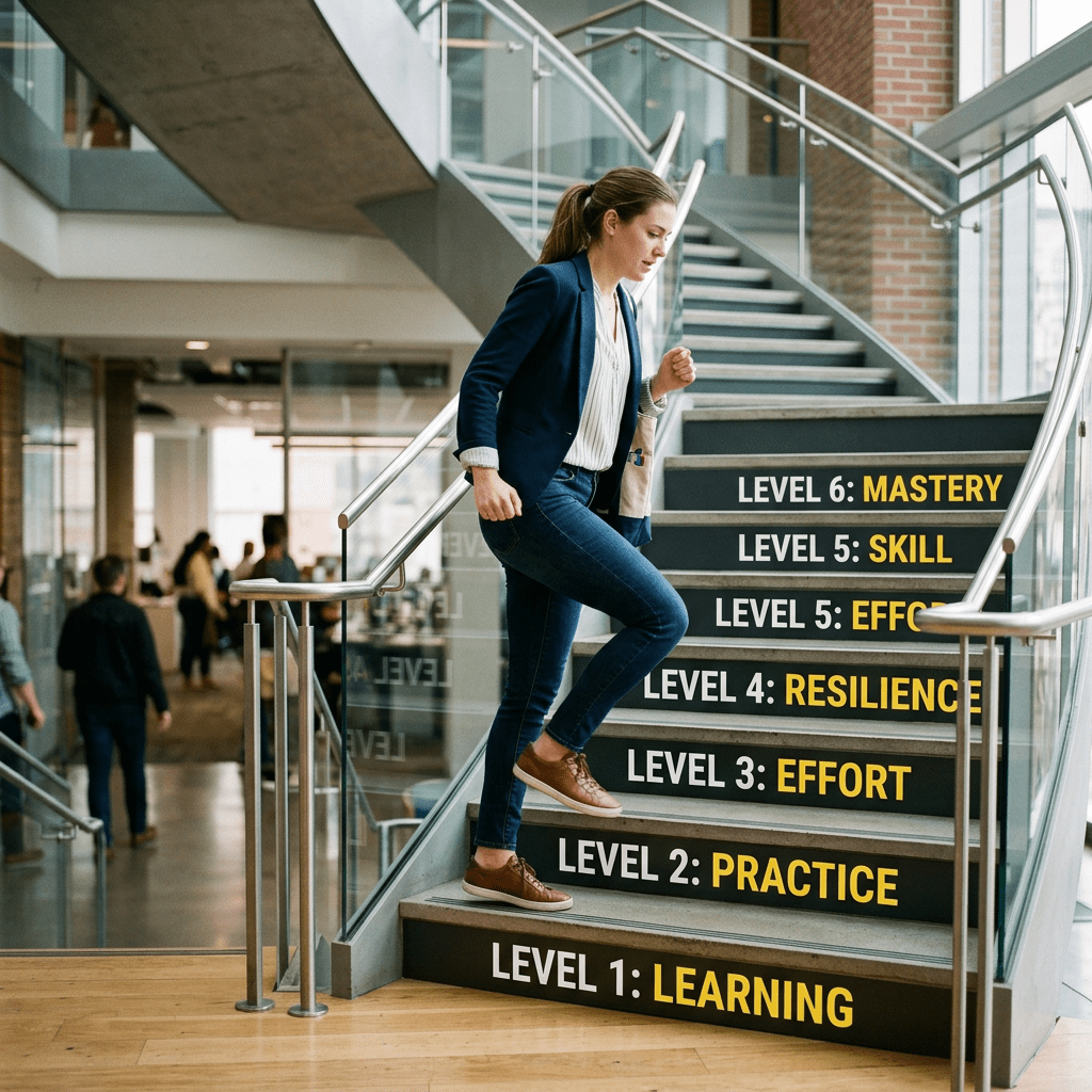 Woman ascending stairs with levels labeled learning, practice, effort, resilience, skill, mastery